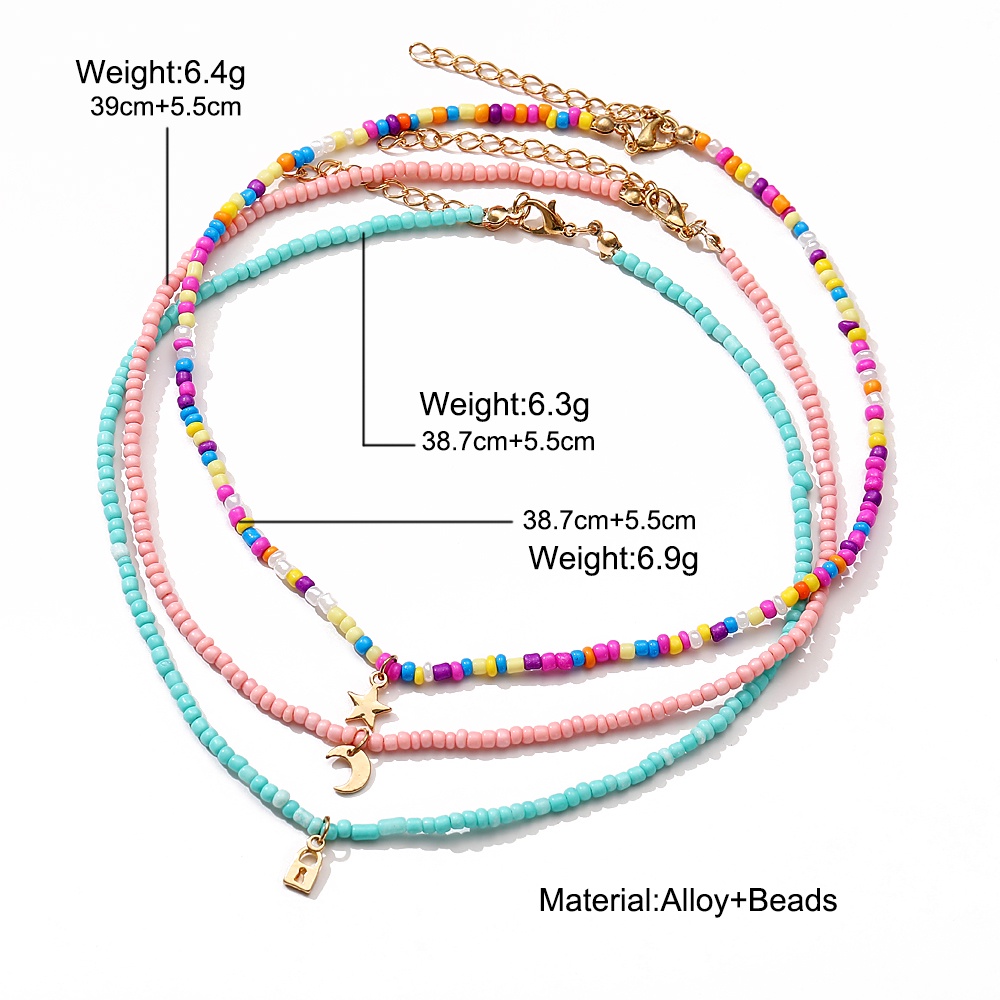 YEEZII Bohemian Retro Colorful Beads Multilayer Necklace Star Moon Lock Pendant Fashion Jewelry Accessories