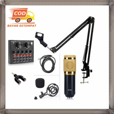 Taffware Mikrofon BM800 Dengan Tiang Penyangga Mic Serta Soundcard V8 Cocok Smule Cover Lagu Rekaman