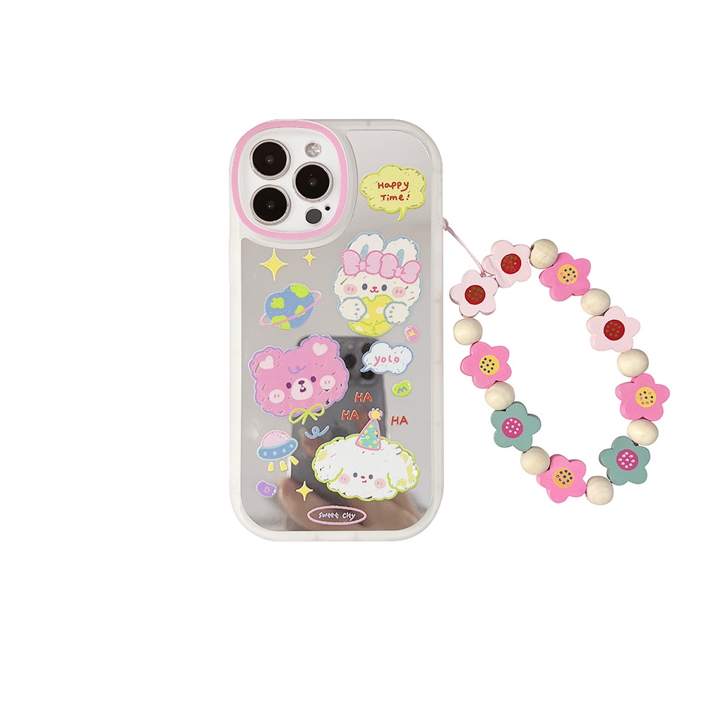 Case Cover Pelindung Hp Motif Kelinci + Cermin Makeup + Rantai Bunga Untuk Iphone 11 / 8 / 7plus / SE2 / XS / XR / 12 / 13pro MAX