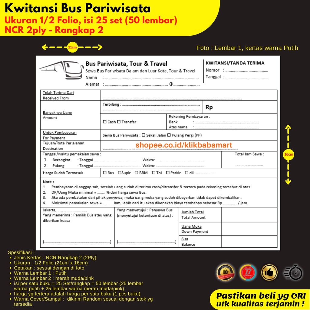 KWITANSI BUS BIS PARIWISATA TOUR TRAVEL 1/2 FOLIO RANGKAP 2 PLY NCR NON CUSTOM