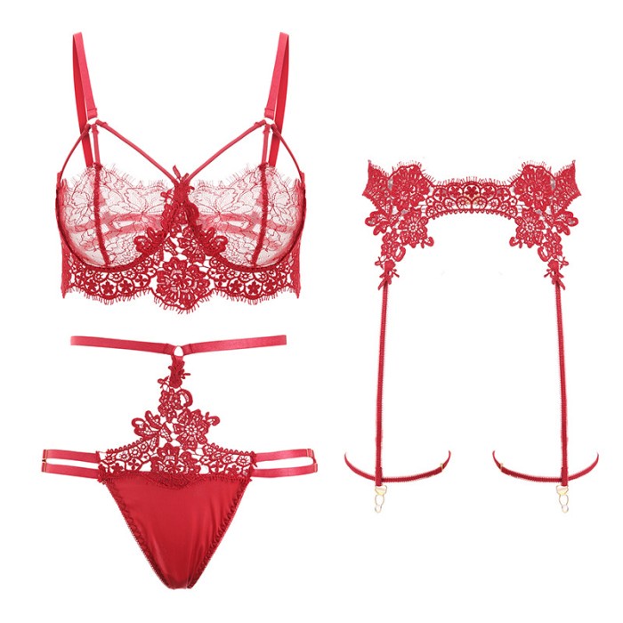 Stoking - Bra Lingerie Gstring Bra Cd Stocking Set Sexy Lace Bikini (4Pcs) B017 - Merah