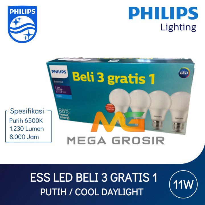 Lampu LED Philips Paket 11 Watt Putih - LED Multipack Essential 11W W 11Watt Grosir
