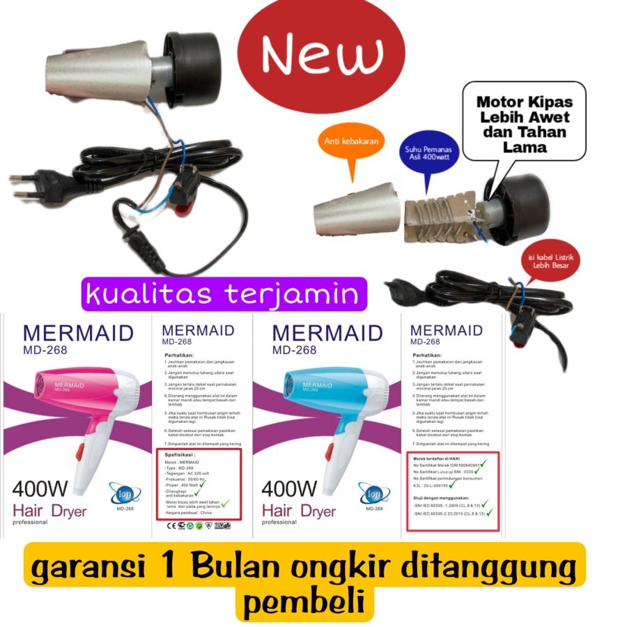 Hair Dryer Pengering Rambut Mini Lipat Mermaid MD-268 Original