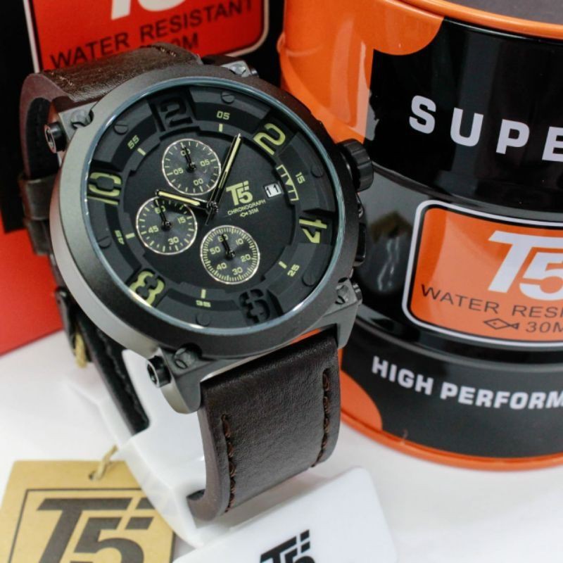 Jam T5 H 3434 original leather chronograph include box bergaransi