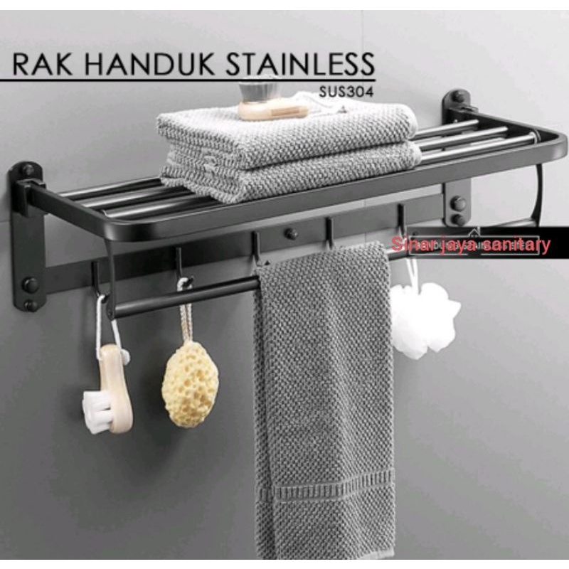 Rak handuk lipat Black stainless 304 &quot; Promo &quot; / Gantungan baju lipat hitam