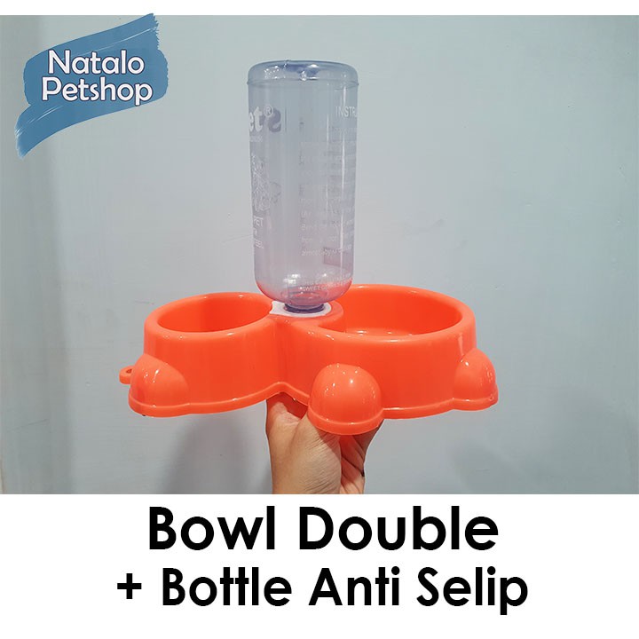 Bowl Double + Botol Anti Selip Beruang Lucu / Tempat Makan Hewan / Kucing / Anjing