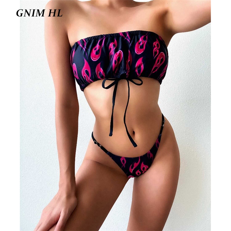 PREORDER GNIM Sexy Bandeau Baju Renang Wanita 2 Buah Perban Bikini Set 2020 Api Cetak Swimwear Belak