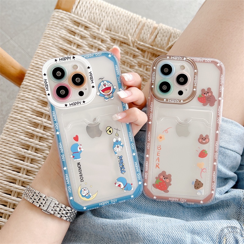 Soft Case Pelindung Lensa Transparan Motif Kartun Doraemon Beruang Untuk iPhone 12 13 Pro MAX 11 X XR XS MAX 7 8 Plus