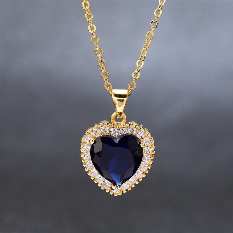 [Ready Stock]Fashion Gold-Plated Inlaid Sapphire Pendant Necklace