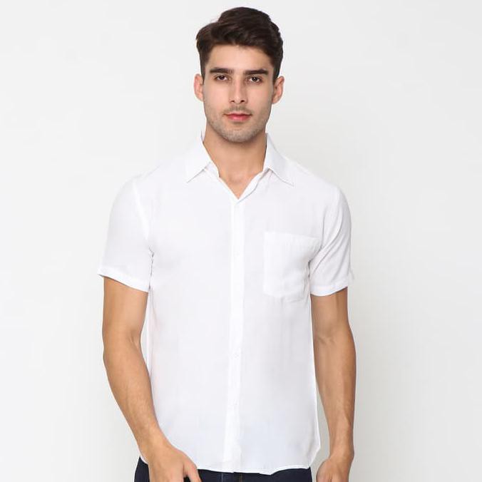 Atasan Pria L - XXL Baju Kerja Kemeja Pria Denim Tangan Pendek Jhonny - Putih
