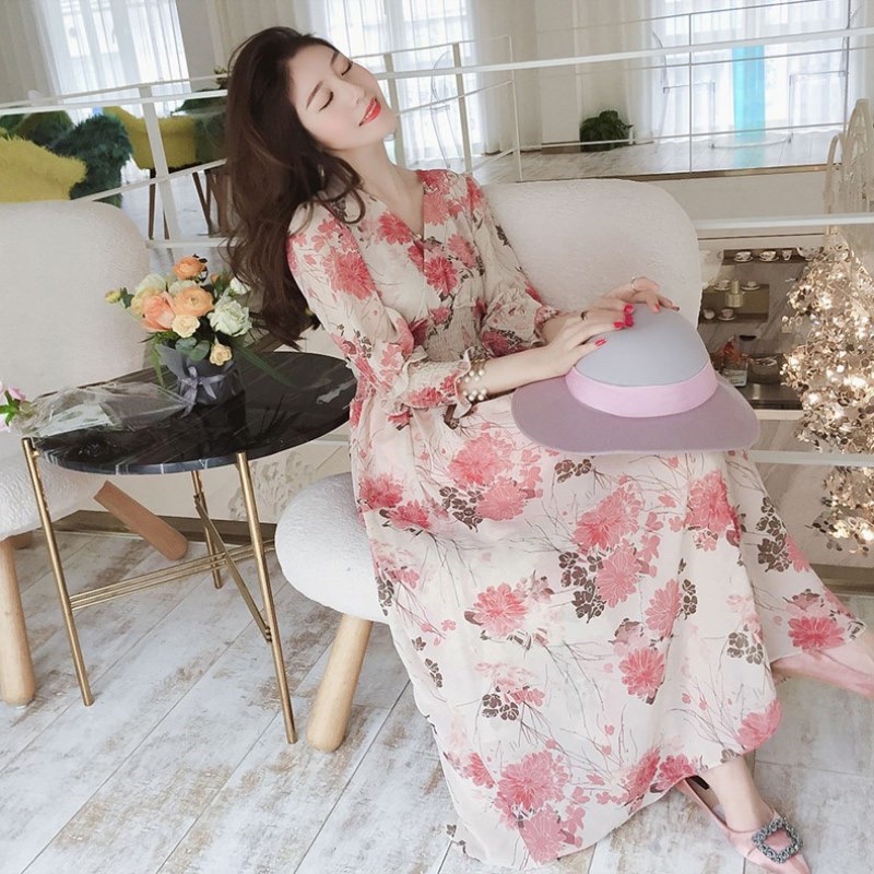 Floral Dress Import / Dress gamis motif bunga sifon Korean Style hijab lengan panjang Import