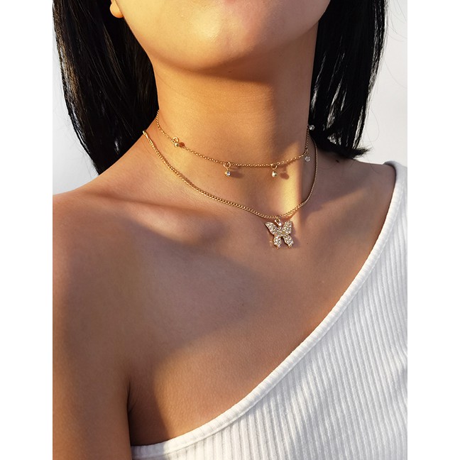LRC Kalung Wanita Fashion Golden Micro Diamond Butterfly Alloy Multilayer Necklace P03662