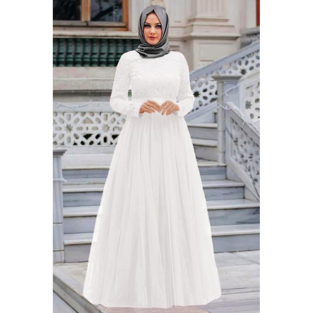 promo gamis pesta brukat putih / gamis syari terbaru putih terbaru