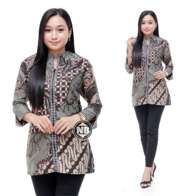tey-17 Batik wanita ASJ SA HRB026 Kenongo Kemeja Tosca Pendek-Ziper kate ijo