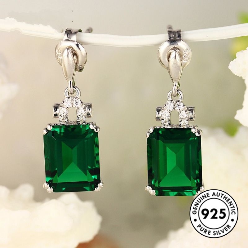 Anting Tusuk Sterling Silver 925 Desain Persegi Panjang Hias Batu Emerald Elegan Untuk Wanita