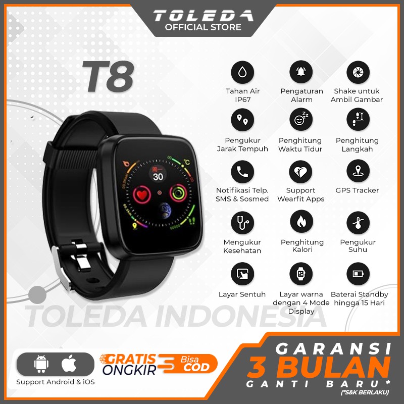 Toleda Smartwatch TLW T8 Original 100% Smartband Support Android dan iPhone
