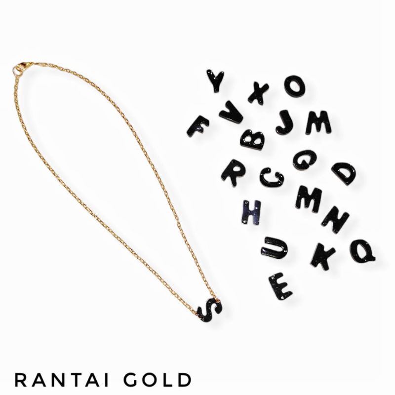 Kalung Inisial Liontin Black Initial Resin Hitam Glitter Huruf Alphabet Necklace