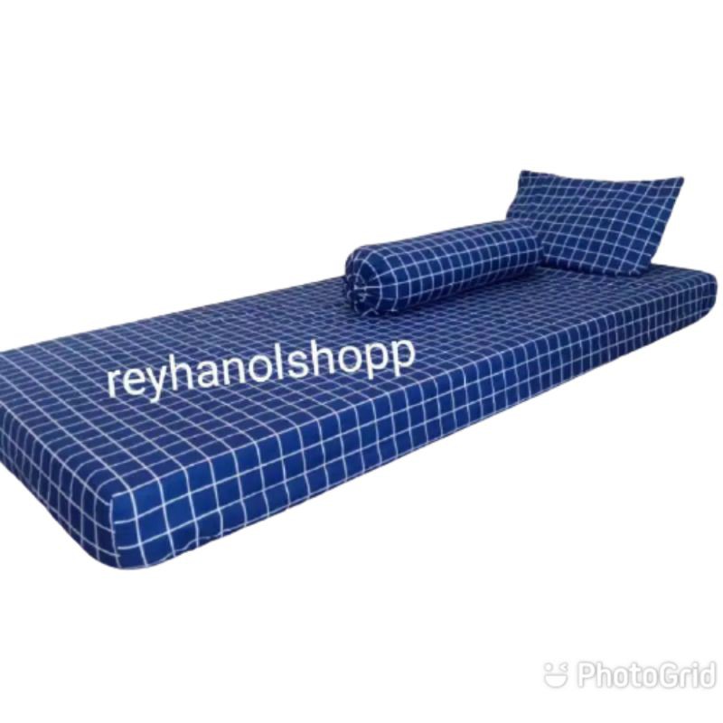 Sprei set sudut karet motif kotak dan polos single size: 90x200x15/120×200×15