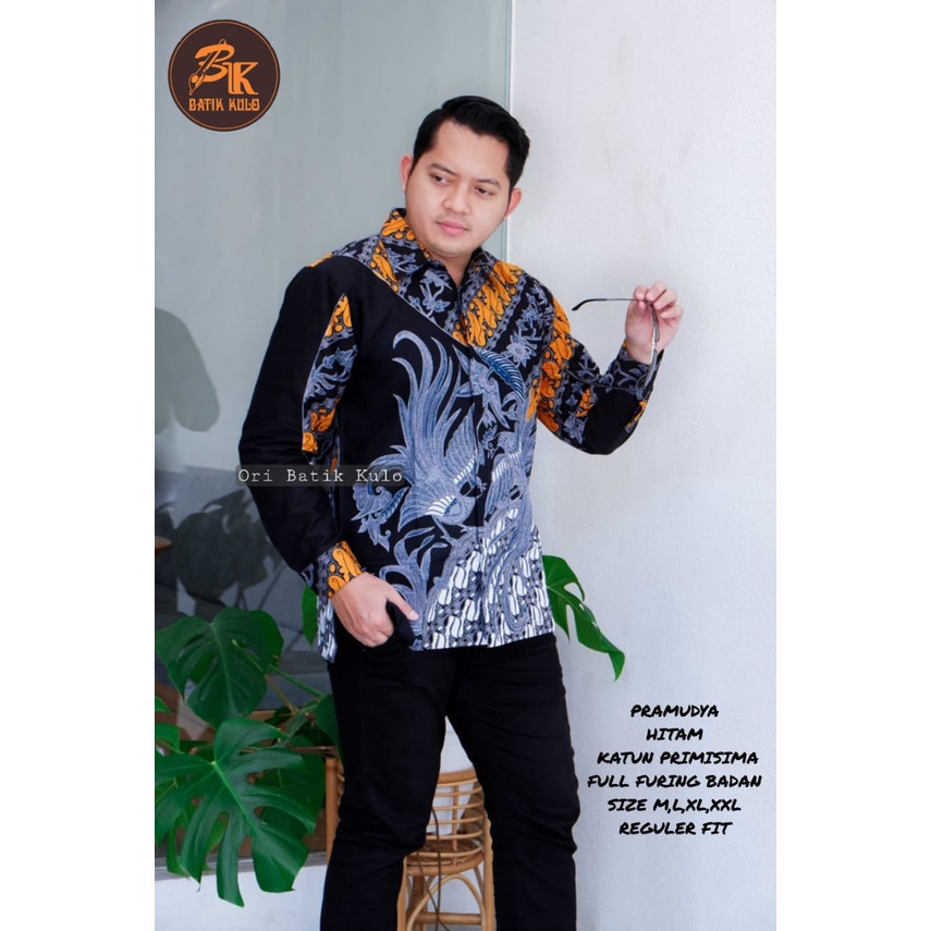 Batik pria lengan panjang BIRU HITAM KUNING modern ORIGINAL BAJU PREMIUM KEKINIAN SOLO MURAH TERBARU &quot;KULO&quot;