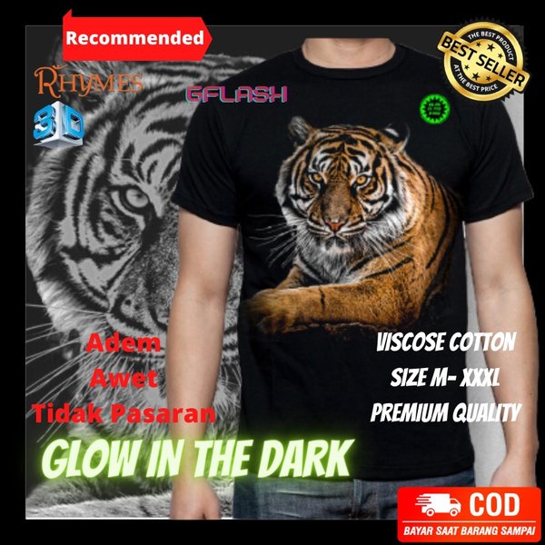 Baju Kaos Pria Macan Coklat Rhymes Glow in the dark 3D Animal Tshirt Cowok Premium Thailand