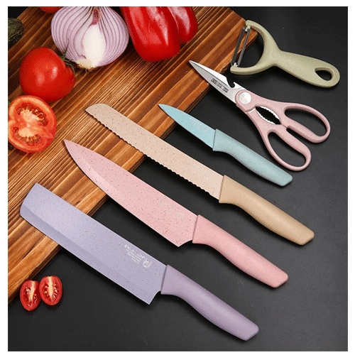 ANG PISAU &amp; GUNTING DAPUR KERAMIK SET 6IN1 EVCRIVERH STAINLESS STEEL ANTI LENGKET / KITCHEN KNIFE MACARON VIRAL