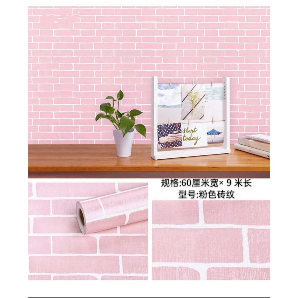 WALLPAPER DINDING MOTIF BATA PINK LIST PUTIH 45cm x 10m