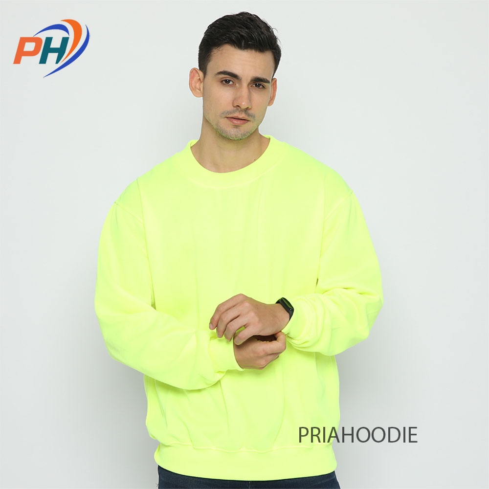Priahoodie Basic Sweater Polos Pria Cowok Laki Laki Size M - XXL (Bisa Cod)-HIJAU STABILO