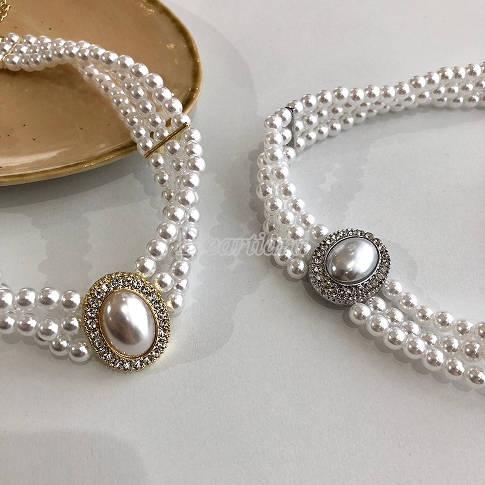 Kalung Multilayer Aksen Mutiara Dan Berlian Gaya Retro Untuk Wanita