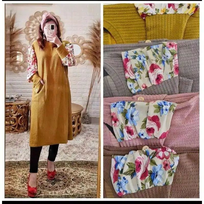 tunik rajut import jumbo/tunik rajut uniqlo tebal/long tunik rajut jumbo tangan bunga balon