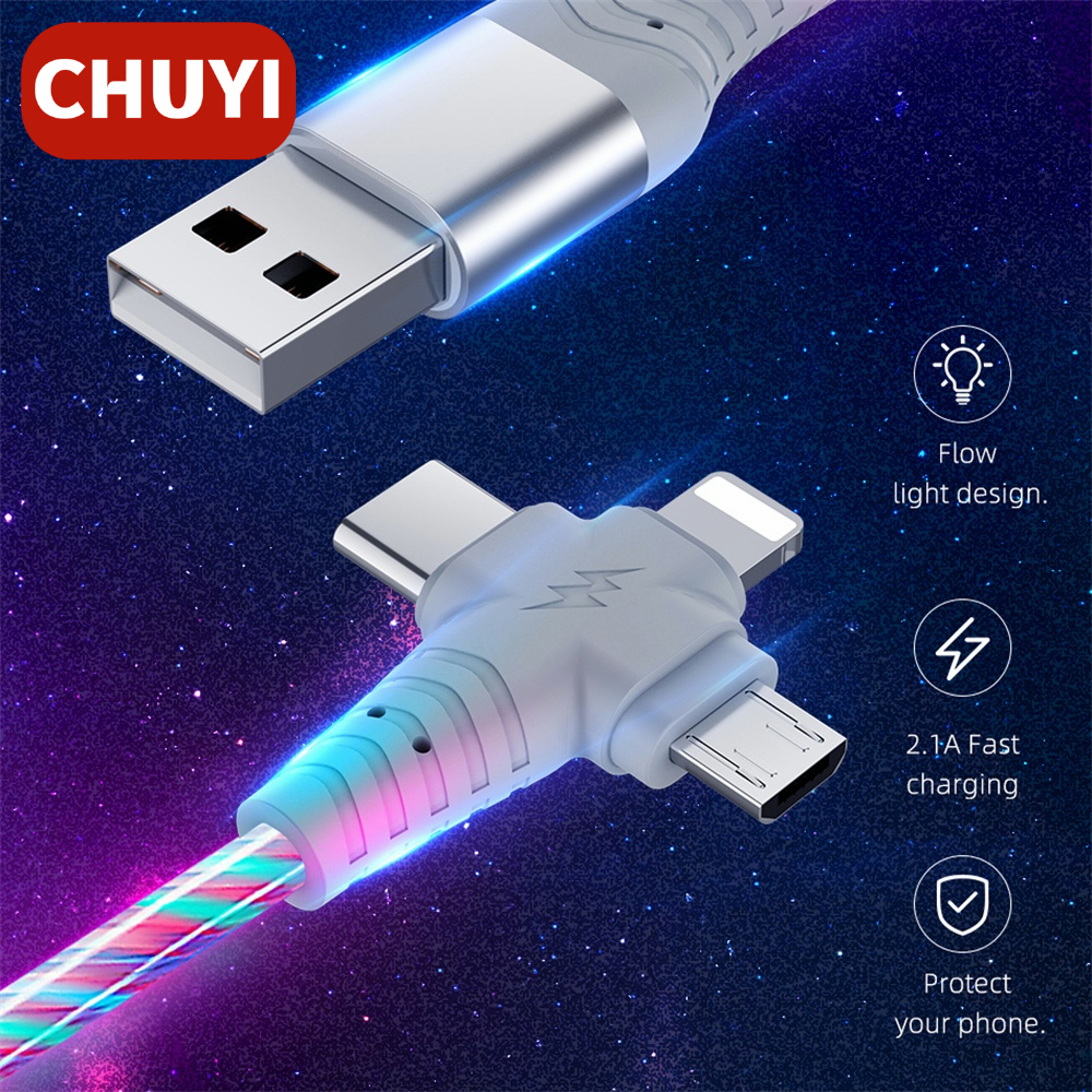 3in1 Kabel Data / Charger Micro USB / Tipe-C Fast Charging Dengan Lampu Menyala Untuk Semua Jenis Hp