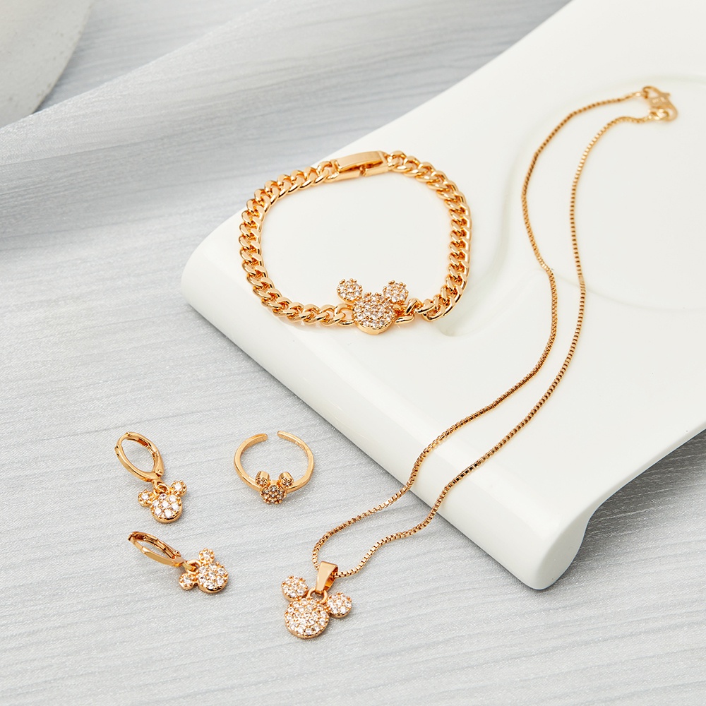 Y419 【Barang spot】Set Perhiasan Anak Lapis Emas 18k Titanium Anti Karat Mickey  Anak Perempuan Kalung Anting Set