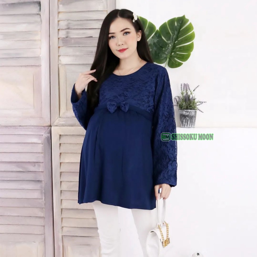 Baju Atasan Hamil  Menyusui Lengan Panjang Model Elegan Bahan Brukat &amp; Rayon Twill - Lassie