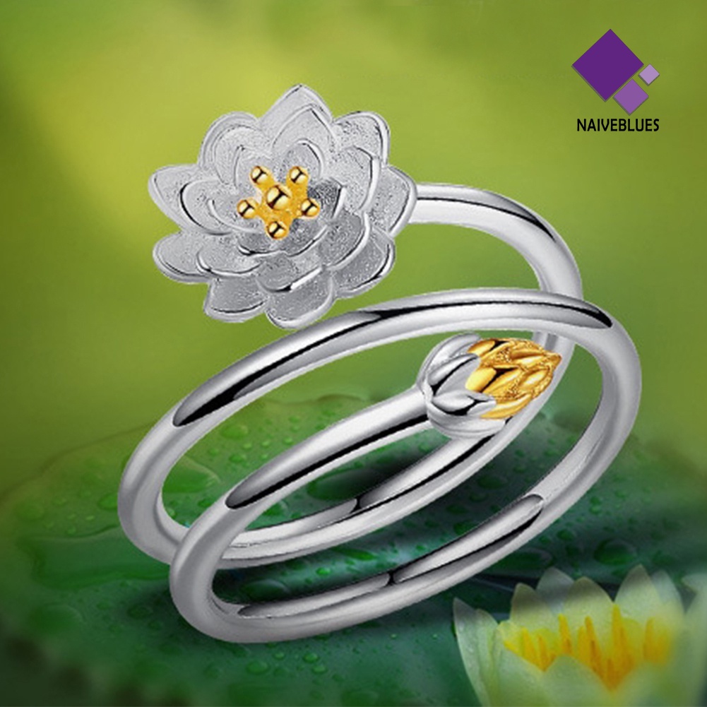 Naiveblue &gt; Cincin Terbuka Adjustable Motif Bunga Teratai Mekar Aksen Hollow Untuk Perhiasan Wanita / Pernikahan