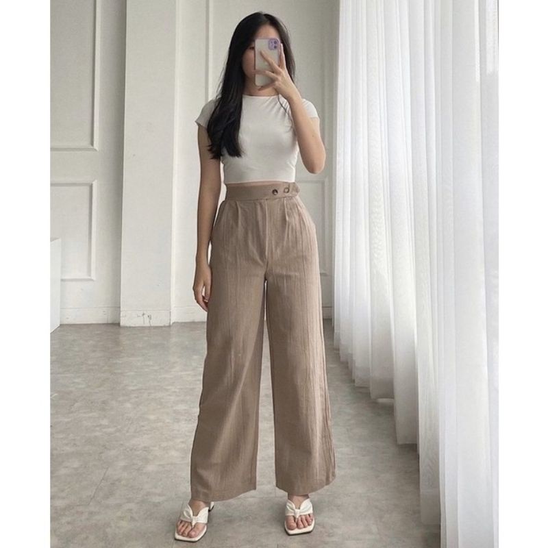 Tiwi Pants - Celana Kulot Linen Crinkle Highwaist Side Button - Celana Kulot Wanita - Cullote Pants