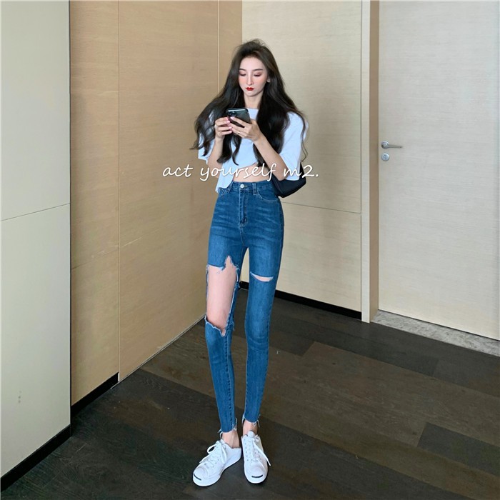 Baru Fashion Tinggi Pinggang Robek Keren Kurus Celana Slim Fit Pensil Celana Jeans