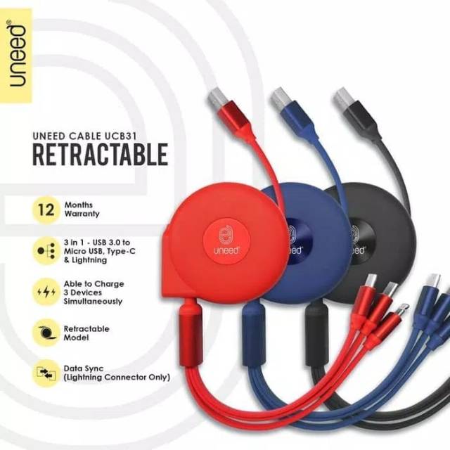 PRODUK UNEED ORIGINAL 100%
UNEED 3 in 1 Retractable Kabel Micro USB Lightning Type C - UCB31