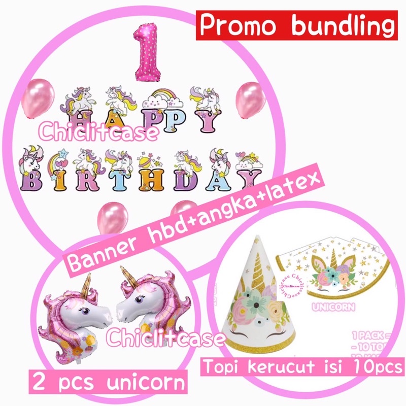 Set paket bundling dekorasi pesta ulang tahun unicorn pony birthday