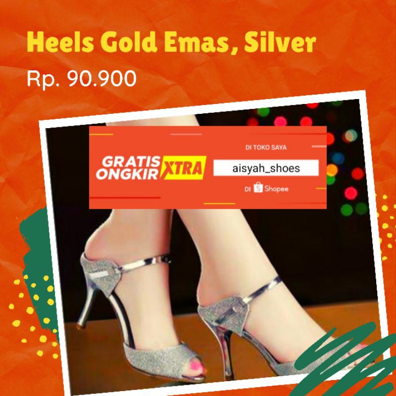 Heels gold emas, heels cewe, heels wanita, heels pesta