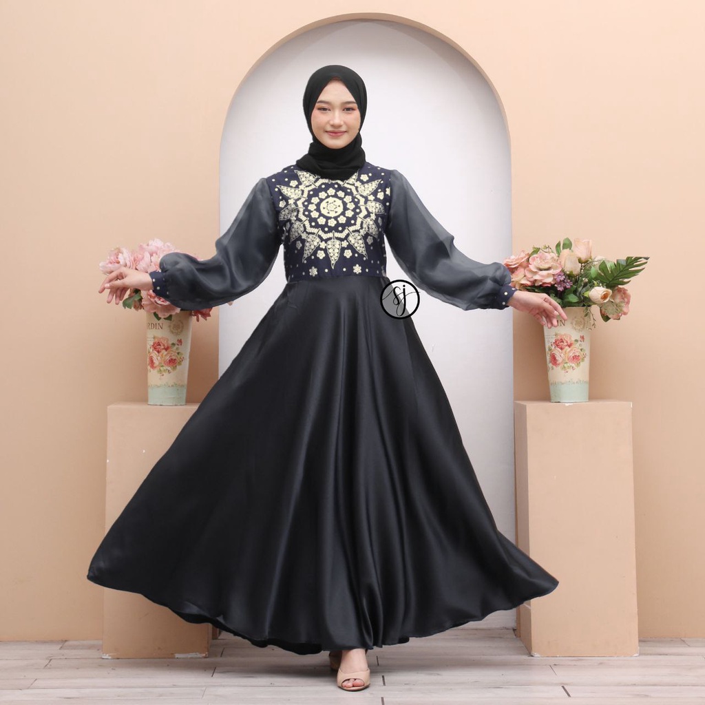 Saroja (490) Couple Gamis Syar'i Maxmara Lux Super Ngeklok Lengan Balon Organza Motif Matahari Abu