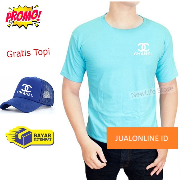 Beli Baju Gratis Topi - Kaos Distro Chanel Putih Premium Pria Wanita Lengan Pendek