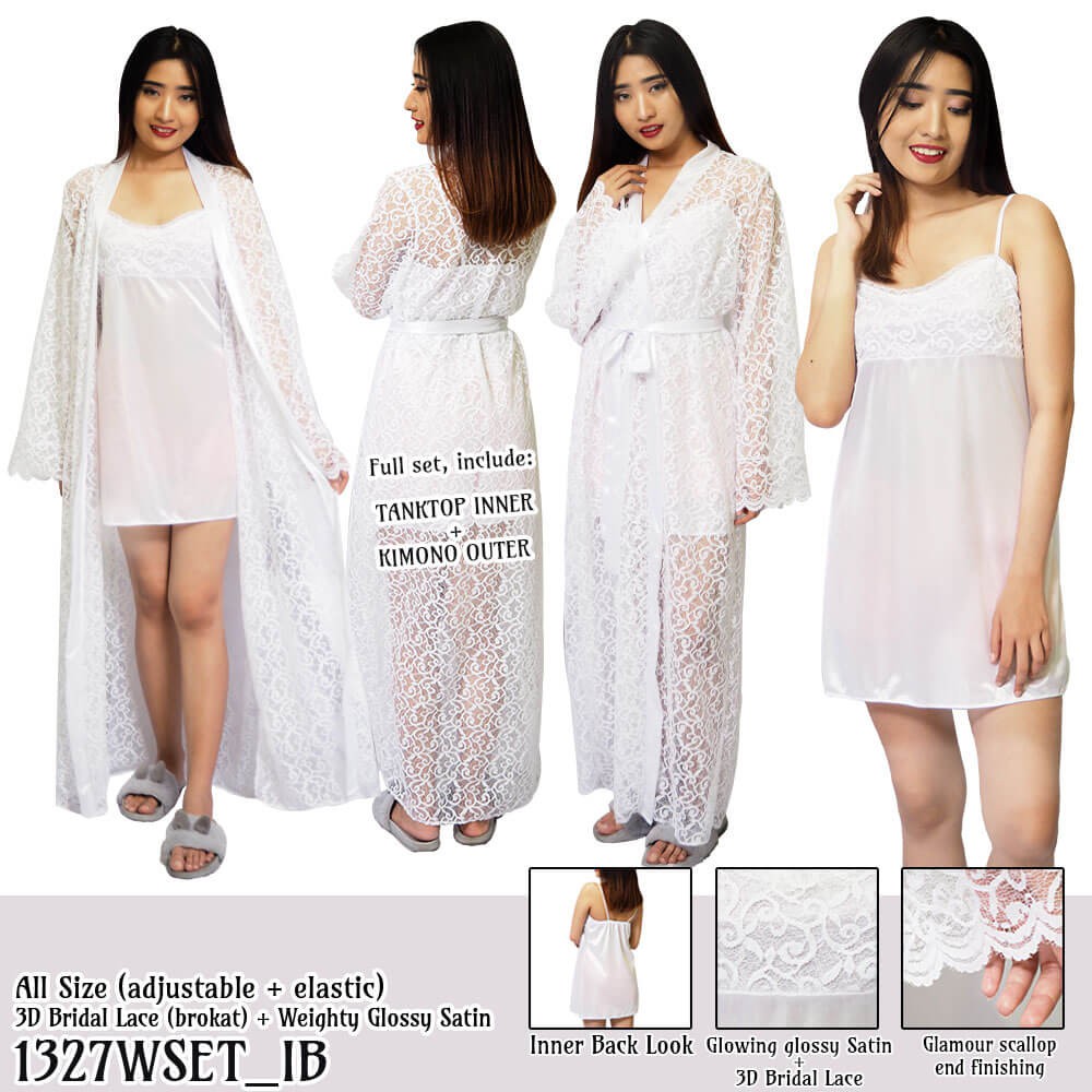 Bridal Long Kimono 2 in 1 set inner tanktop dress putih 1327WSET by Folva Clothing