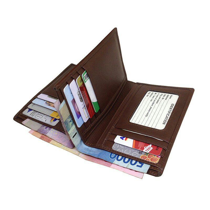 Dompet Kulit Asli Pria 3/4 3 Ruang Uang Kertas 15 Slot Kartu Dompet Cowok Lipat Kulit Asli