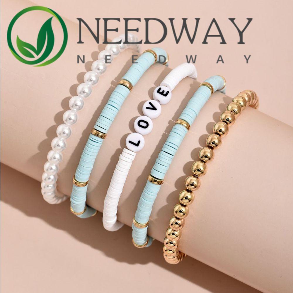 Needway  5 PCS/2 PCS Soft Pottery Bracelets Retro Fashion Jewelry Bracelet Set Women Pearl Colorful Letters Clay Beads Temperament Resin