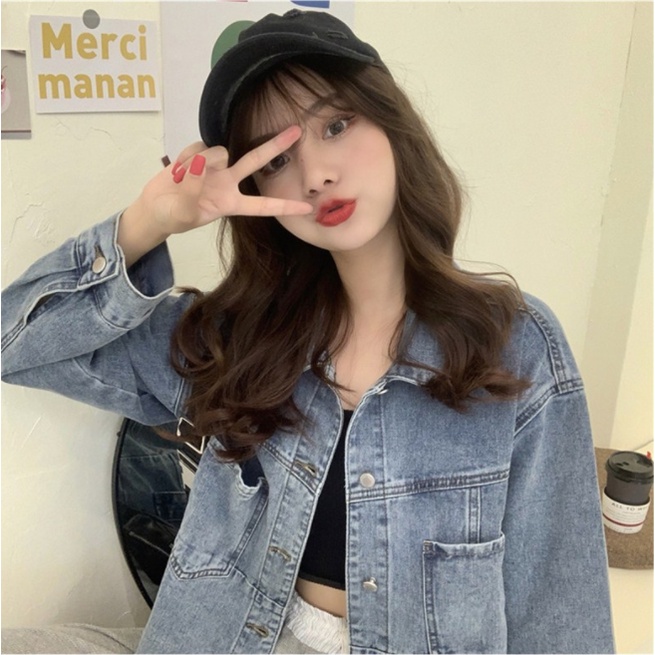 Jaket denim saku longgar lengan panjang retro fashion wanita Korea