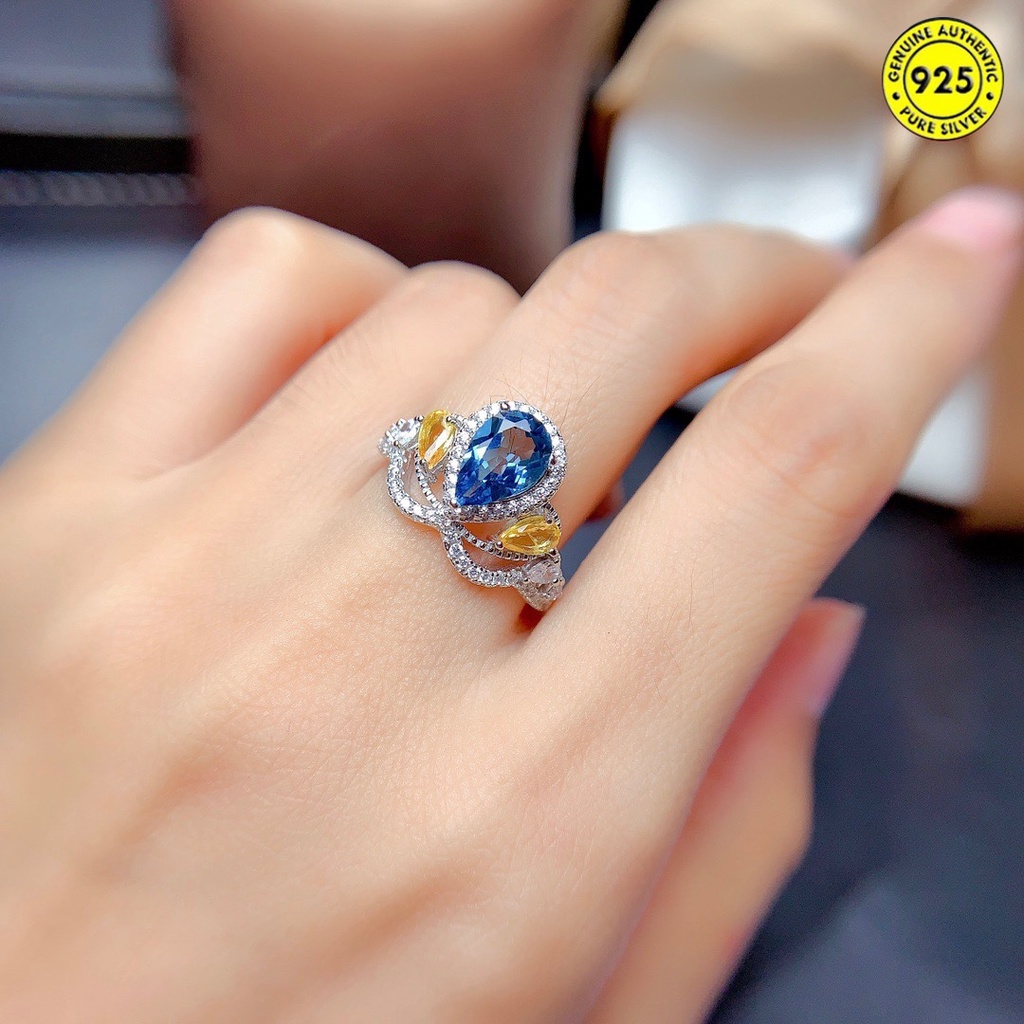 Cincin Open Ring Desain Mahkota Hias Batu Topaz Biru Natural Untuk Wanita