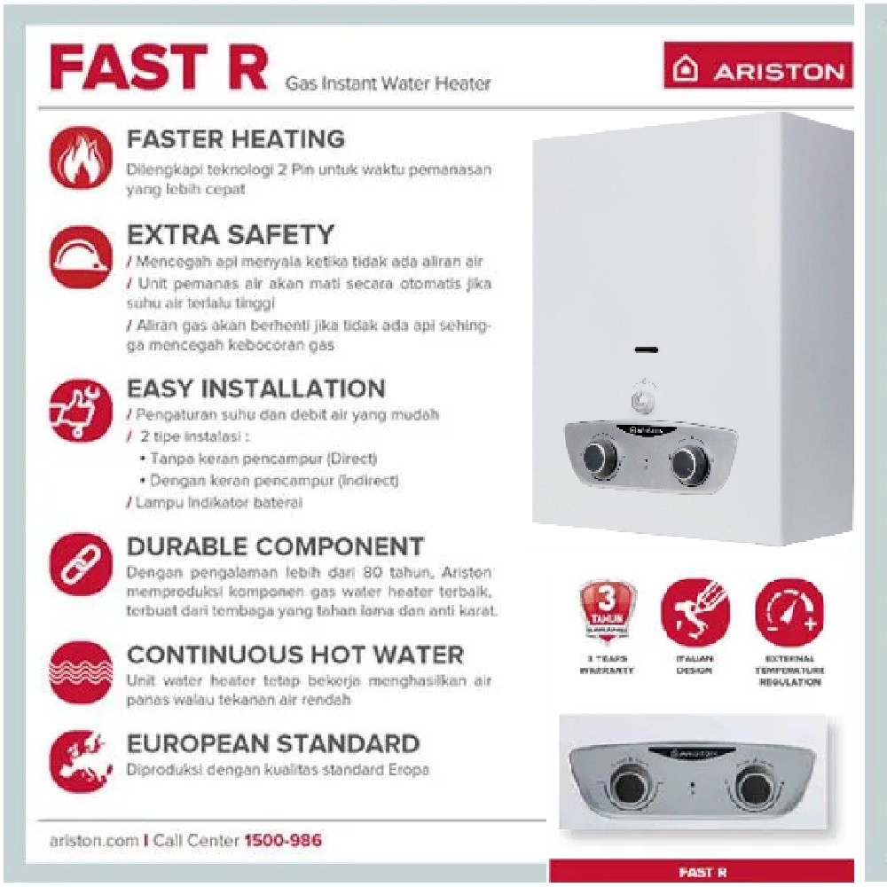 Ariston Fast R 10 liter /menit Instan Water Heater Gas LPG Pemanas Air Mandi