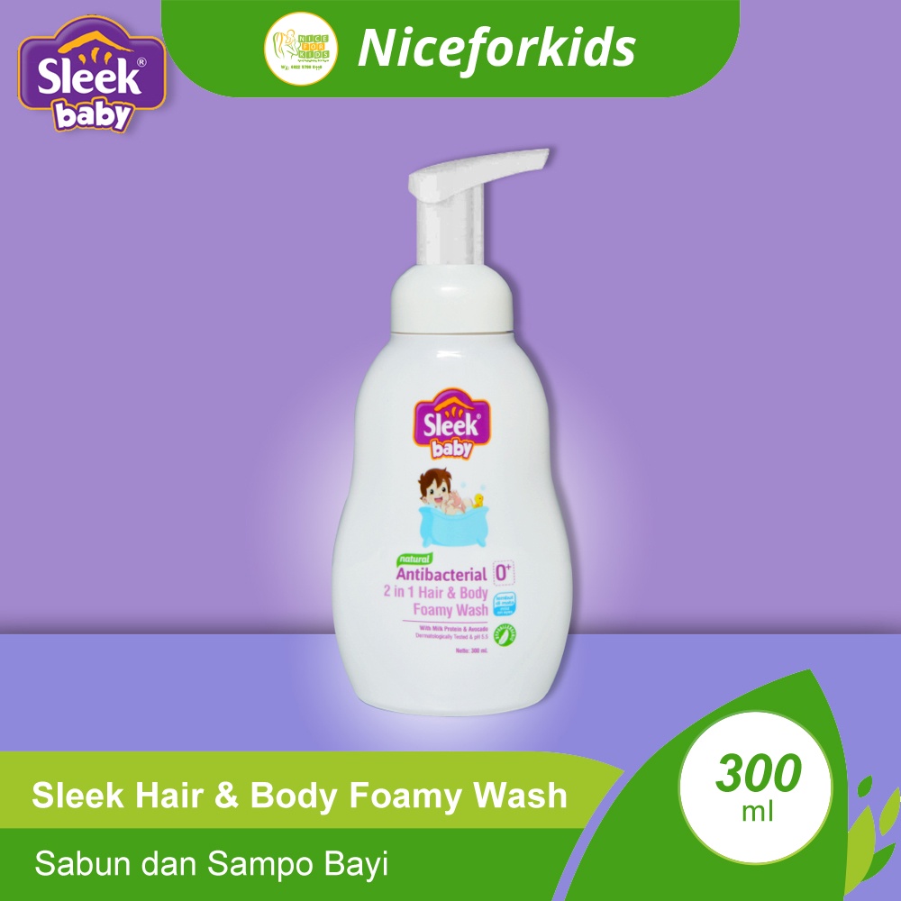 Sleek Baby Natural Antibacterial 2 in 1 Hair and Body Foamy Wash Bottle Pump 300ml / Sabun dan Sampoo Bayi