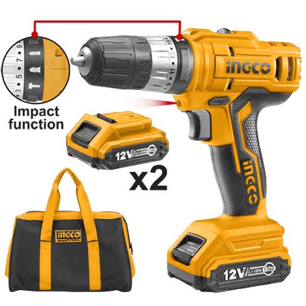 INGCO CIDLI1222 - MESIN BOR IMPACT CORDLESS 10mm 12V (2B&1C)  / CORDLESS IMPACT DRILL 10MM 12V