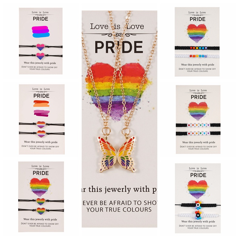 2pcs / set Gelang Tangan + Kalung Rantai adjustable Motif Kupu-Kupu + Bunga + Pelangi Untuk Pasangan / Pria / Wanita