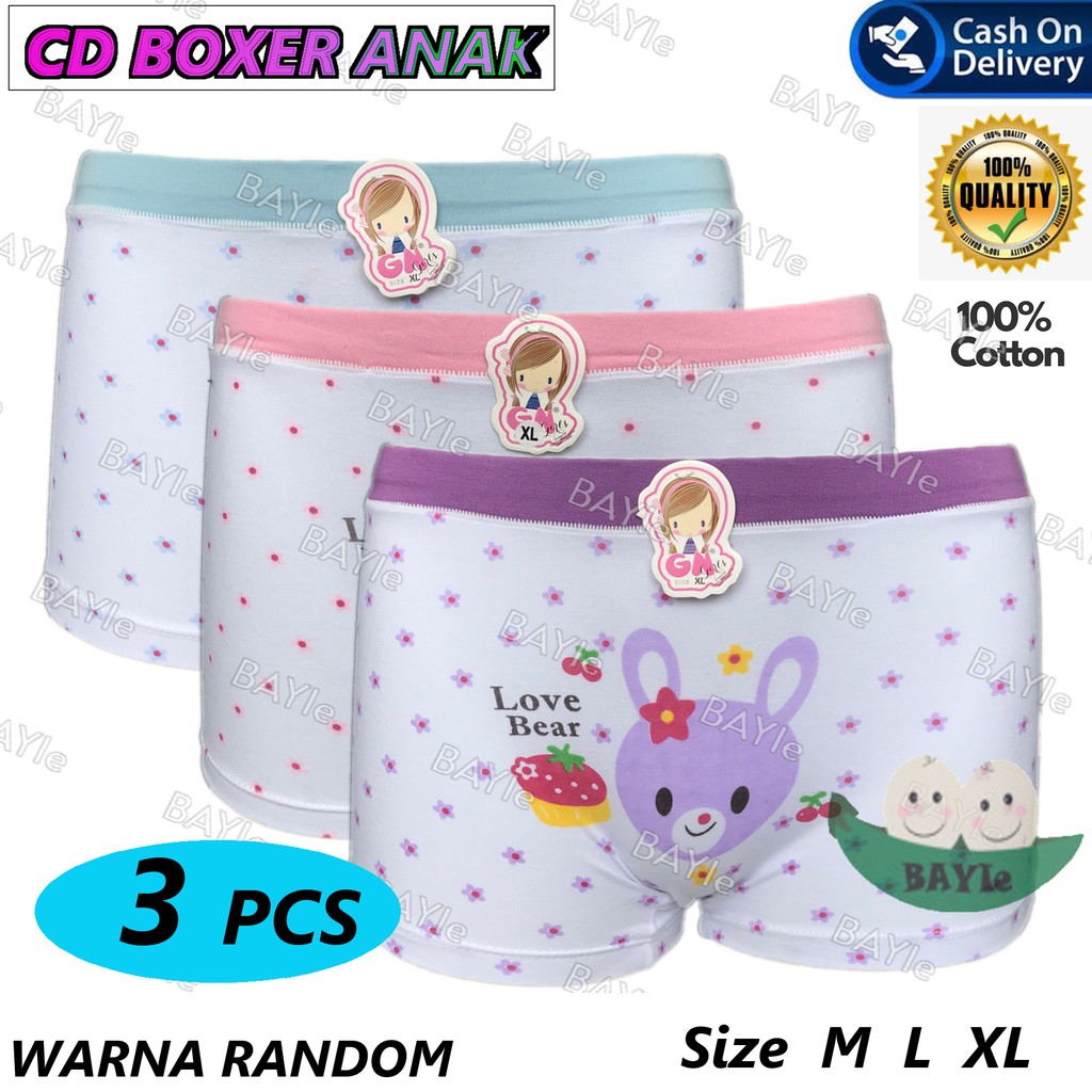 BAYIe - 3 PCS Celana Dalam / CD Anak Perempuan Cewek BOXER GOLDEN NICK W3L4001 Motif BEAR/ Kid's Underwear Size M L XL